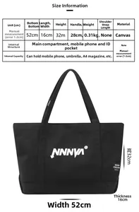 Size chart for black large canvas tote bag showing dimensions and internal structure details