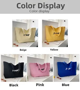 Detailed color selection showing canvas tote bags in beige, yellow, black, pink, and blue