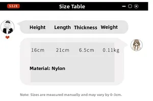 Size chart showing 21x16x6.5cm dimensions and lightweight nylon fabric for small crossbody bag