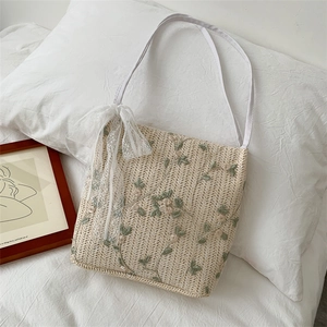 Women Straw Woven Bucket Bag Floral Embroidery Lace Bow Korean Style Sweet Pastoral Summer Vacation Shoulder Bag Large Capacity