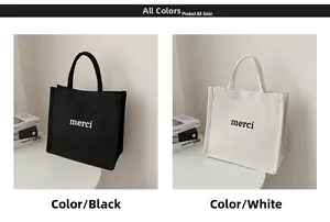 Detailed comparison of black and white canvas tote bags featuring merci letter prints