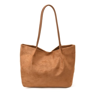 Brown frosted large capacity tote bag with decorative stitching and long shoulder straps