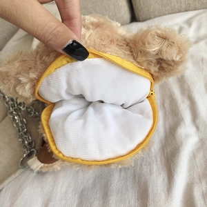 Cute brown plush bear mini shoulder bag with yellow zipper and silver metal chain