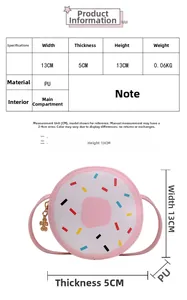 Size chart showing a 13cm donut crossbody bag made of pink PU leather for little girls