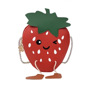 Cute strawberry shaped red PU leather crossbody bag for little girls with cartoon face