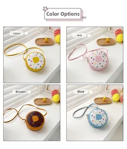 Colorful donut-shaped girls crossbody bags displayed in pink, yellow, blue, and brown
