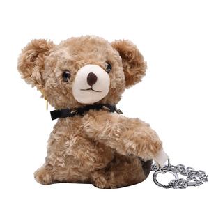 Brown plush bear shoulder bag with punk rivet collar and silver metal chain