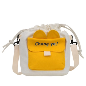 White canvas drawstring bucket bag with yellow pocket and cute ears decoration