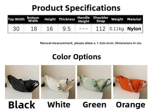 Size chart for nylon dumpling bag detailing dimensions and color options in a table