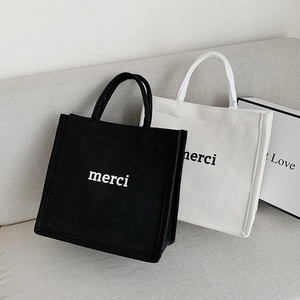 Large Capacity Canvas Tote Bag With Merci Letter Print Square Handbag For Women Casual Shoulder Bag