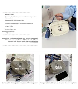 Mini canvas crossbody bag dimensions showing size 16x13x5cm and cute cartoon bear print