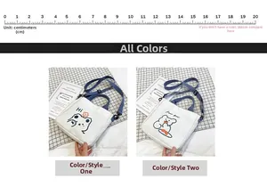 Detail of white canvas crossbody bags with cute bear and dog prints including size scale