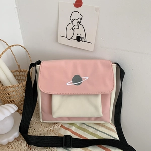 Canvas Planet Embroidery Crossbody Bag Color Block Japanese Style Flap Shoulder Bag For Women Casual Messenger