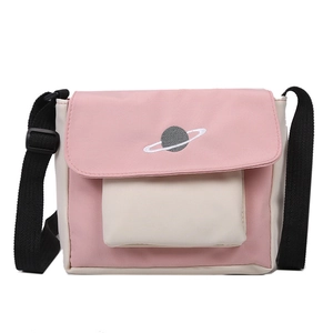 Pink and beige contrast messenger bag with star embroidery and adjustable strap