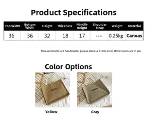 Detailed size chart and color options for the Merci large canvas tote bag