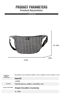 Detailed size chart for black and white checkered crossbody bag with dimensions in centimeters