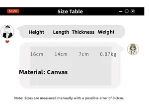 Size chart showing height 16cm and canvas material details for the mini crossbody bag