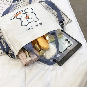 Internal view of a canvas bear tote bag showing a large capacity for daily essentials