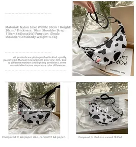 Cow print nylon crossbody bag size comparison with A4 paper and iPad dimensions