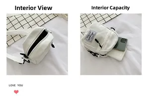 Detailed view of white canvas crossbody bag interior with smartphone storage capacity