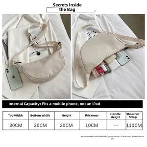 Detailed size chart and internal capacity guide for the nylon cow pattern crossbody bag