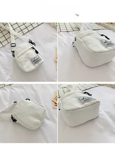 Detailed views of a mini white canvas crossbody bag from multiple angles on a clean background