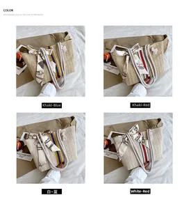 Detail of four colorful straw tote bags with rope handles and decorative scarves