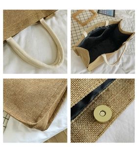 Detail view of jute tote bag featuring rope handles, magnetic closure, and inner lining