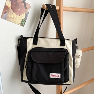Black and white Oxford cloth tote bag with cute bear pendant and detachable strap