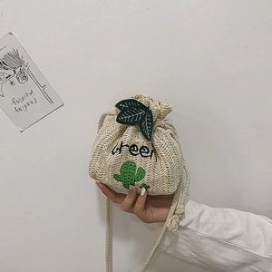 Women Straw Bucket Bag Woven Summer Beach Shoulder Crossbody Purse Cactus Embroidery Drawstring Closure