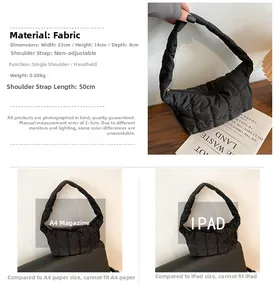 Quilted fabric shoulder bag details with 23x14x9cm dimensions and size comparison