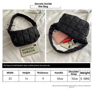 Size chart for black quilted shoulder bag detailing width height and capacity