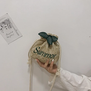 Women Straw Woven Bucket Bag Summer Beach Vacation Leaf Decor Embroidery Drawstring Closure Crossbody Shoulder Handbag