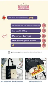 Detailed size chart for black canvas tote bag showing dimensions 31x35cm and 140g weight