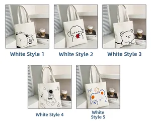 Detail view of white canvas tote bags with five different minimalist cartoon prints