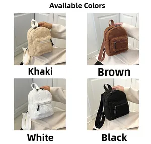 Detailed grid view of mini faux shearling backpacks in khaki brown white and black