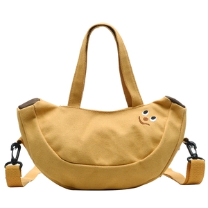 Sac bandoulière en toile jaune avec broderie visage mignon et sangle réglable