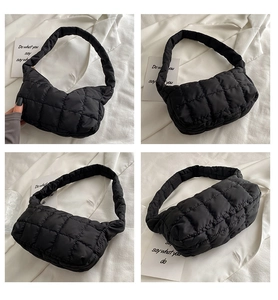 Detailed views of a black quilted puffer hobo bag with high-quality stitching and nylon texture