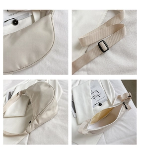 Detail shots of off-white nylon crossbody bag featuring adjustable straps and inner pockets