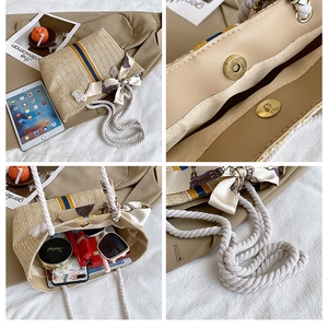 Detailed views of straw tote bag with magnetic closure, lining, and large storage capacity