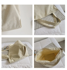Detailed views of beige corduroy tote bag showing thick texture and zipper closure