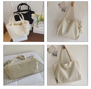 Detail of corduroy tote bags in black and beige with cute bear plush pendants