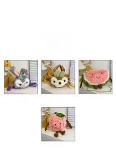 Detail showing plush cartoon bags in fruit and character styles with embroidery and chains