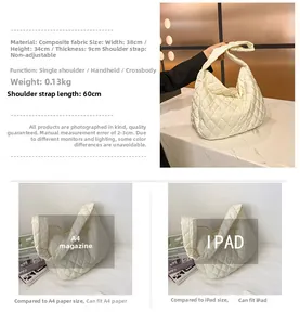 Detailed view of white quilted bag dimensions 38x34x9cm with capacity comparison