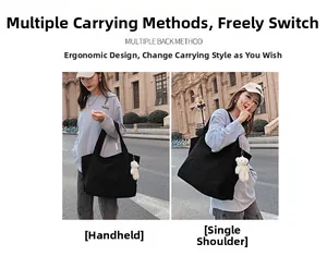 Detail of black corduroy tote bag showing handheld and shoulder carrying styles