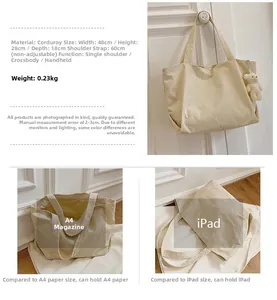 Detail view of corduroy tote bag dimensions 48x28x18cm with capacity comparison