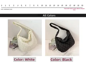 Detailed size comparison of black and white quilted nylon tote bags with measurement ruler