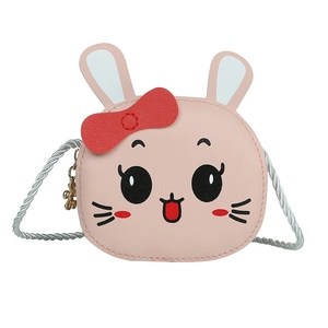 Pink cartoon rabbit crossbody bag for girls with cute bow and silver braided strap