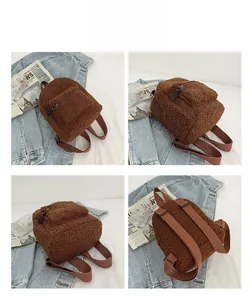 Detailed close-up views of a brown teddy fleece mini backpack with fuzzy texture