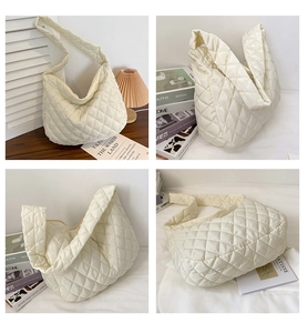 Detailed views of creamy quilted tote bag featuring a puffer texture and wide shoulder strap